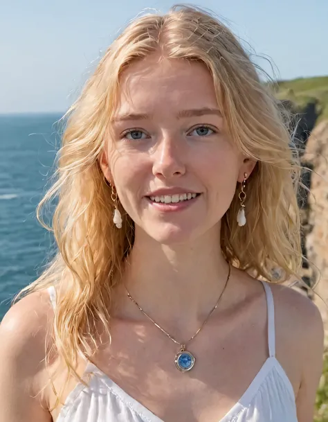 Femke Quintana, with her flowing blonde locks and mesmerizing blue eyes, stood gazing at the ocean from a cliff-side lighthouse in her elegant white sundress, teeth showing through parted lips, a delicate necklace and earrings accentuating her fashionable ...