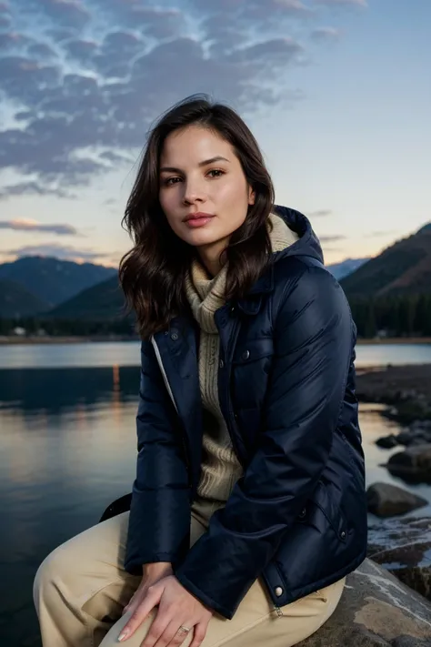 (analog photo),  tv_Katrina_Law_A <lora:epiCRealismHelper:1>, ,  , sad expression, wearing a winter coat, wearing winter pants, wearing winter boots, sitting on a rock by a frozen mountain lake, midnight, moonlight, shot from the side,, 8k resolution, high...