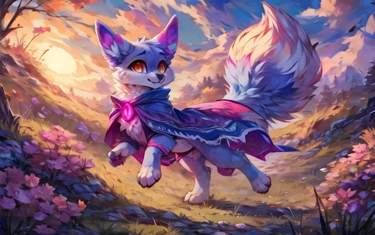 <lora:Nox_Palworld>,nox (pal),feral,,orange eyes,chest_crystal,capelet,periwinkle fur,wide shot,In a field at dusk running,