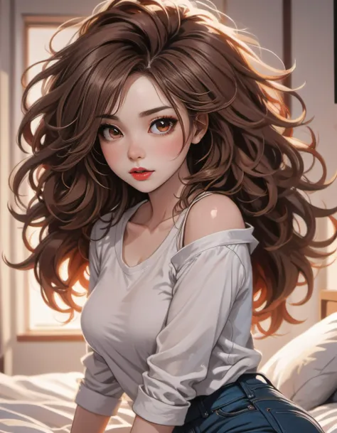 painted portrait of busty girl with brown hair, pale skin, perfect skin, red lips, lot of makeup, big hair, (anime style messy hair), intricate, elegant, highly detailed, art by jaynl, surreal painting, brush strokes, (wearing tight white top and jeans), (...