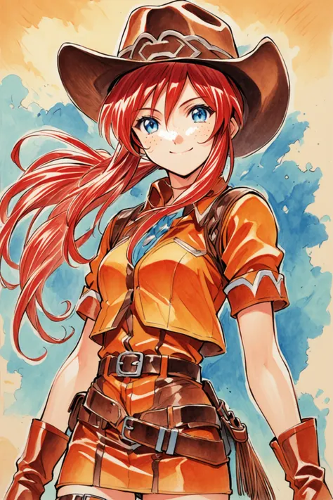 Gemini Sunrise,1girl,solo,cowboy shot,smile,mouth closed,red hair,ponytail,blue eyes,freckles,sidelocks,belt,thigh strap,hat,cowboy hat,cowboy boots,fringe trim,gloves,miniskirt,short sleeves,upper body,traditional media,<lora:Sakura Wars_XL_V2.1:0.8>,