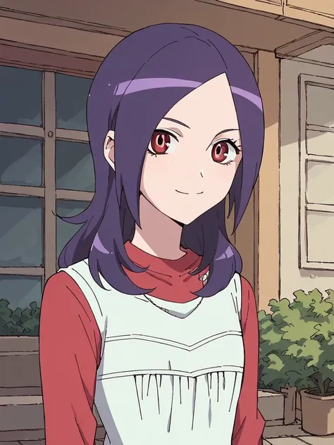 score_9, score_8_up, score_7_up, 1girl, higashi setsuna, dark purple hair, red eyes, parted bangs,

looking at viewer, smile, red t-shirt, long sleeves, white vest, 

