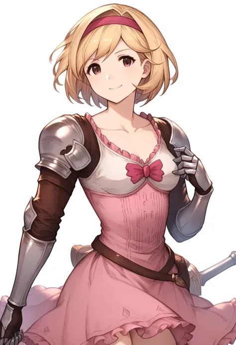 score_9,score_8_up,score_7_up,<lora:granblue_fantasy_all:1>,1girl, absurdres, blonde_hair, brown_eyes, closed_mouth, collarbone, cowboy_shot, djeeta_(granblue_fantasy), fighter_(granblue_fantasy), frilled_dress, from_side, gauntlets, hair_intakes, hairband...