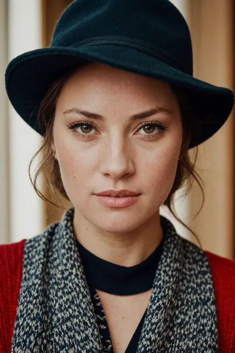 pHyper-realistic female, dynamic pose, wearing Knit sweater dress, Ankle boots, Wool fedora hat, Crossbody bag, Patterned scarf, Statement ring, Her eyes gazed with desire as she faces the camera, in a palace, Shot on a Hasselblad H4D 200MS Digital Camera,...