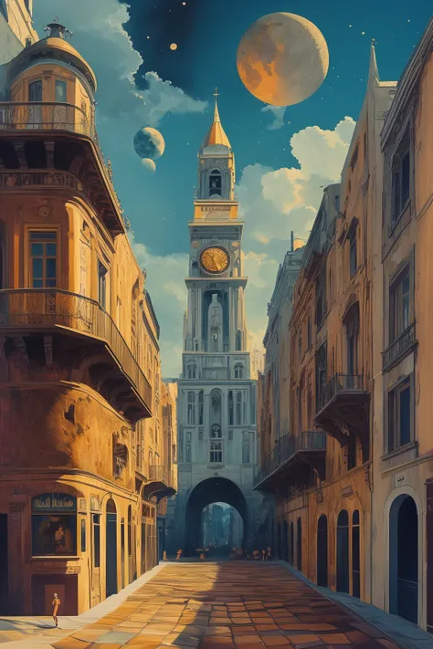 masterpiece,best quality,<lora:tbh114-:0.9>,street,building,clock,machine,illustration painting,style of Salvador Dali