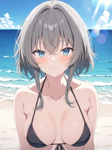 1girl, asanagi_yori, masterpiece, best quality, closed mouth, looking at viewer, bikini, smile, solo, upper body, beach, blue sky, ocean, lens flare abuse, <lora:asanagi_yori_v1-000004:0.8>