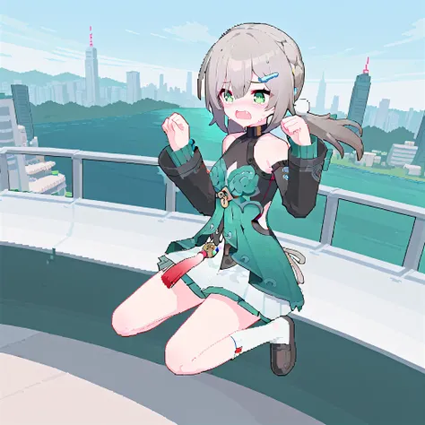 sitting, jumping, paw pose, hands up, dynamic pose, running,
qingque60, digital art, impasto, pixel art, city, cyberpunk,
1girl, solo, full body, green eyes, blush, tearing up, crying, fang, shouting,
grey hair, twintails, pom pom hair ornament,
own hands ...