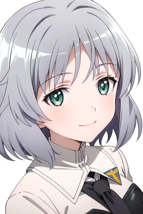 solo, 1girl, looking at viewer, 2D, anime, anime coloring, upper body, (simple background, solid white background:1.3), <lora:sanya-strikewitches:0.8>, sanya v. litvyak, uniform, smile