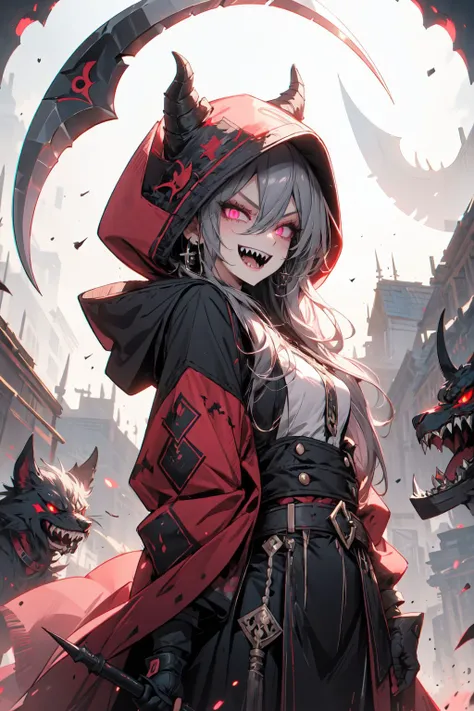 1girl, scythe, solo, sharp_teeth, holding, teeth, hood, pink_eyes, open_mouth, horns, smile, long_hair, ring, hood_up, gloves, holding_scythe, looking_at_viewer, weapon, holding_weapon, black_gloves, glowing_eyes, jewelry, fur_trim, glowing, hair_between_e...