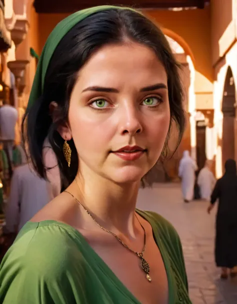 Edna Smith, a woman with striking piercing green eyes and captivating black hair that flowed down her back, stood confidently as she gazed at the viewer while enjoying her moment alone in the bustling Moroccan souk, with the warm golden light from the sett...