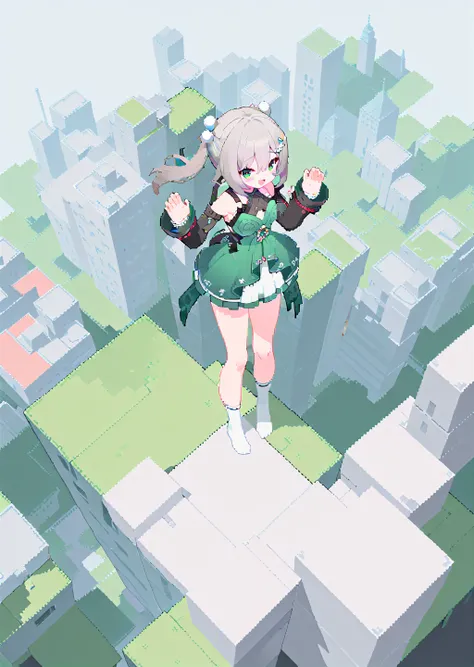 high quality, masterpiece, solo,
fighting stance,  standing, from above, 
digital art, city,pixel art,
1girl, green eyes, :d,>_<, blush,    wide shot, 
grey hair, twintails, pom pom hair ornament,
detached sleeves, long sleeves,
green dress, 
(bare legs),
...