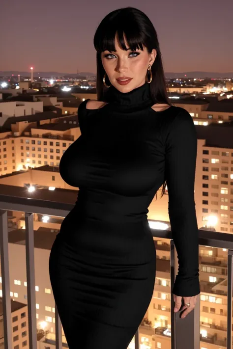 <lora:mondongo_LoRA_RayVeness:1> mndngwmn,  AS-MidAged, (ultra realistic, 8k,high quality), wearing a turtleneck bodycon dress, on a balcony at night with city on background