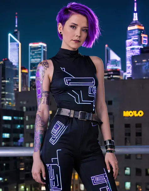 In this futuristic scene, Edna Smith - a young woman with short spiky purple hair and a striking neon-lit tattoo of a circuit board on her left cheekbone - confidently poses in a sleek black jumpsuit adorned with metallic accents and utility belt filled wi...