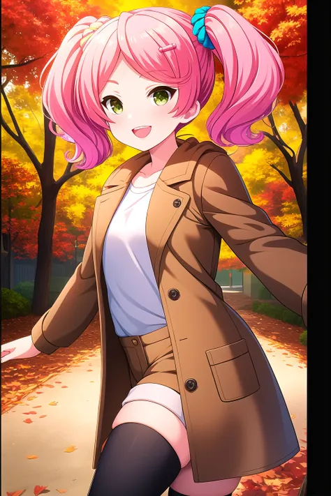 (masterpiece, best quality), highly detailed background, perfect lightingbest quality, makisesubaru, solo, outdoors, nature, autumn, autumn leaves, pink hair, twintails, yellow scrunchie, pink scrunchie, blue scrunchie, hair scrunchie, candy hair ornament,...