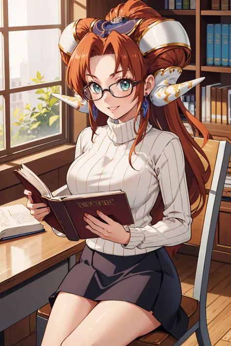 masterpiece, best quality, 1girl,  <lora:millenia-nvwls-v2:0.9> millenia, ponytail, horns, earrings, grey sweater, turtleneck, large breasts, smile, glasses, library, black skirt, sitting, reading book, desk, chair