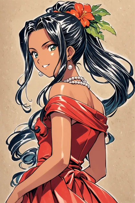 Soletta Orihime,1girl,solo,red dress,jewelry,black hair,green eyes,necklace,earrings,long hair,off-shoulder dress,dark skin,curly hair,ponytail,pearl necklace,dark-skinned female,flower,bare shoulders,hair ornament,looking at viewer,dress,hair flower,smile...