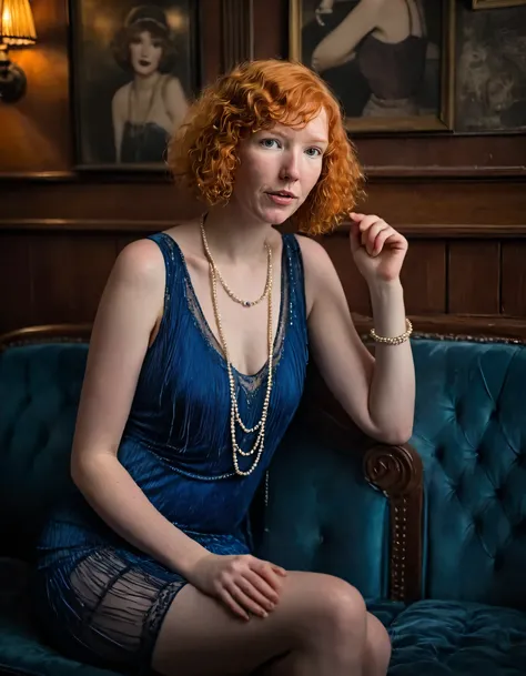 Capturing Femke Quintanas captivating beauty as the curvy-haired woman with porcelain skin and bright blue eyes donning a vintage-inspired flapper dress, her presence radiates grace and elegance in a moody 1920s speakeasy setting, sitting on the worn velve...