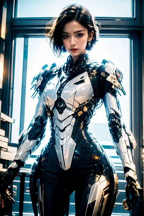 AgainCyberpunk, 1girl, solo, blue eyes, earrings, window, black hair, jewelry, looking at viewer, short hair, science fiction, lips, cowboy shot, breasts, armor, closed mouth, cyborg, standing, indoors, medium breasts, bodysuit, backlighting, cyberpunk, we...