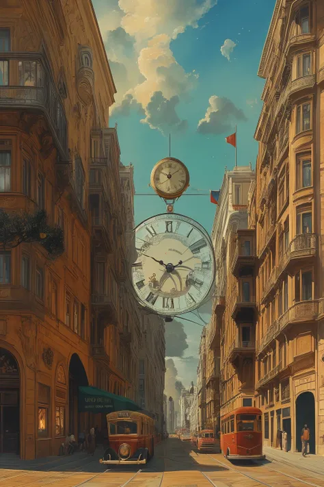 masterpiece,best quality,<lora:tbh114-:0.9>,street,building,clock,machine,illustration painting,style of Salvador Dali