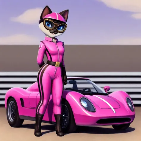 <lora:meowmotors_girls:0.7>
solo, 1girl, masterpiece,
sue, cat, siamese cat, blue eyes,
pink suit, pink helmet, googles,
standing at old racing car,
posing,