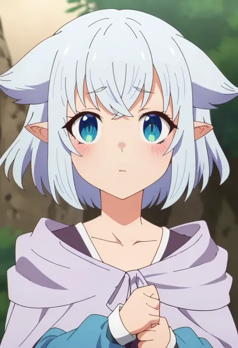 <lora:Fenrys2:1>  FenrysXS, 1girl, solo, blush, short_hair, blue_eyes , white_hair, pointy_ears, hair_flaps   , cloak, long_sleeves, upper body, looking at viewer, score_9, score_8_up, score_7_up, , anime coloring ,BREAK source_anime, anime