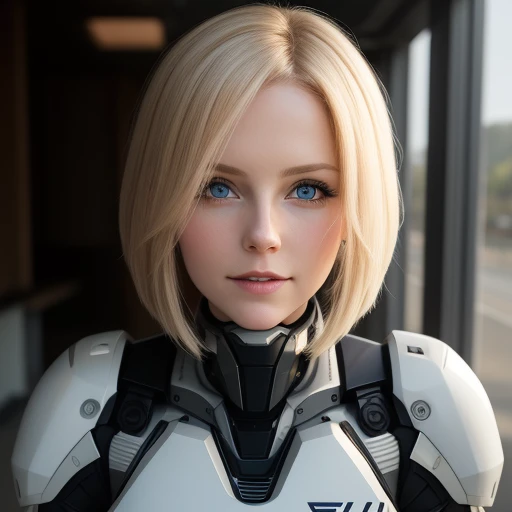 Cammi, 1girl, solo, looking at viewer, short hair, blue eyes, blonde hair, upper body, parted lips, artist name, armor, blurry, lips, eyelashes, bodysuit, blurry background, portrait, freckles