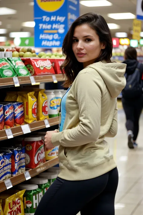 (analog photo),  tv_Katrina_Law_A <lora:epiCRealismHelper:1>, ,  , bored expression, wearing a hoodie, wearing yoga pants, wearing sneakers, in a supermarket, walking towards the camera, looking down,, 8k resolution, highres, high detail, sharp focus, deta...