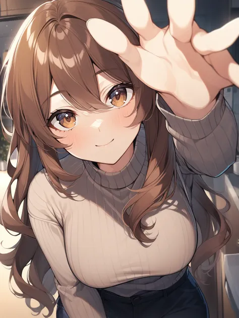 1girl,  <lora:incoming_headpat_v04a:1>  inhep,arm up,( looking at viewer:1.2),   open hand , brown hair, brown eyes, long hair, indoors,  sweater, ribbed sweater,  closed mouth, hair between eyes, smile,