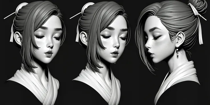 monochrome,HEZI,Three views,modeling,Hair,girl,avatar,1girl,multiple views,greyscale,earrings,jewelry,hair bun,single hair bun,hair ornament,closed mouth,profile,realistic,grey background,bangs,looking at viewer,simple background,japanese clothes,black bac...