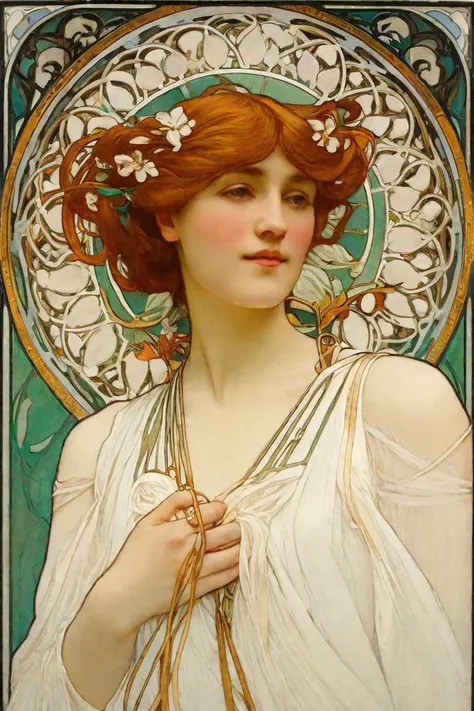 a portrait painting of a woman by AlfMch, ginger, flower, white dress, art nouveau, alphonse mucha