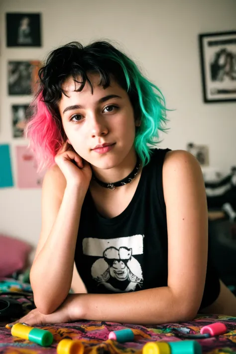 (analog photo:1.1), (punk girl:1.15), (messy bedroom, plush toys), short curly hair, green hair, (black t-shirt:1.15), (20 years old, young:1.2), petite, choker, cream eyeliner, (neon glow, cyberpunk:1.2), waves, warm colors, (inviting expression:1.05), sh...