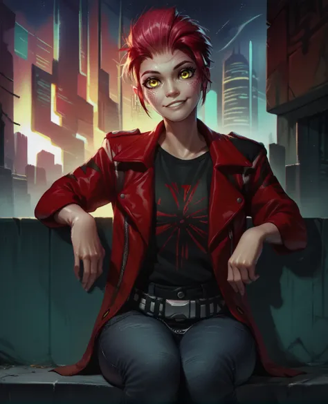 score_9,score_8_up,score_7_up,score_6_up,art3misxl,yellow eyes,red hair,short hair,black shirt,red jacket,belt,science fiction,city,night,wall,looking at viewer,light smile,sitting,black jeans,
<lora:art3misXL:0.9>,