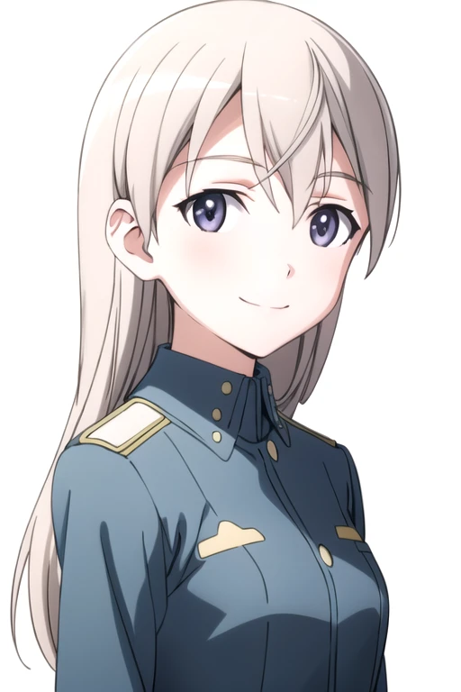 solo, 1girl, looking at viewer, 2D, anime, anime coloring, upper body, (simple background, solid white background:1.3), <lora:eila-strikewitches:0.8>, eila ilmatar juutilainen, uniform, smile