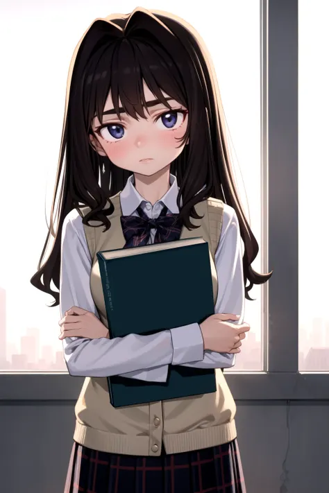 <lora:elisia_valfelto_v0.7:1> 
1girl, elisia valfelto, school uniform, sweater vest, purple skirt, plaid skirt, holding book, book hug, backlighting,, masterpiece, best quality, highly detailed