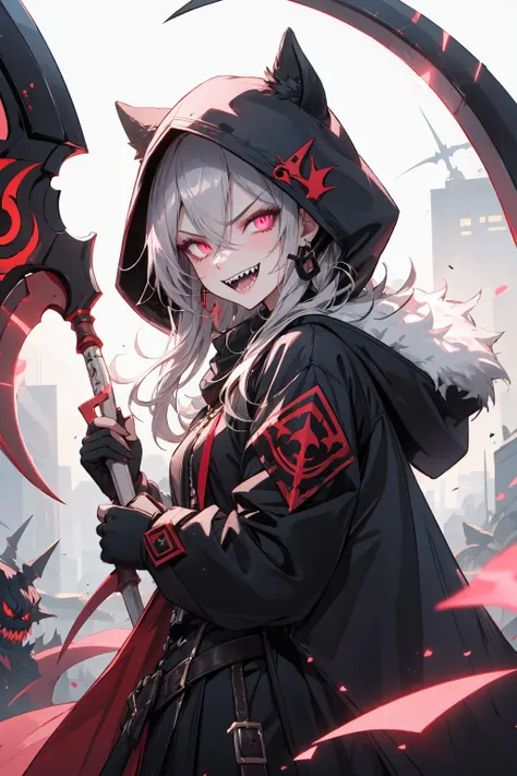 1girl, scythe, solo, sharp_teeth, holding, teeth, hood, pink_eyes, open_mouth, horns, smile, long_hair, ring, hood_up, gloves, holding_scythe, looking_at_viewer, weapon, holding_weapon, black_gloves, glowing_eyes, jewelry, fur_trim, glowing, hair_between_e...