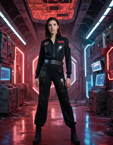 Presley, a powerful and determined woman dressed in a sleek black jumpsuit adorned with flashing circuit board patterns, poses defiantly at the dystopian moonbase, her gaze locked on the crimson-hued distance while balancing herself between rusting space j...