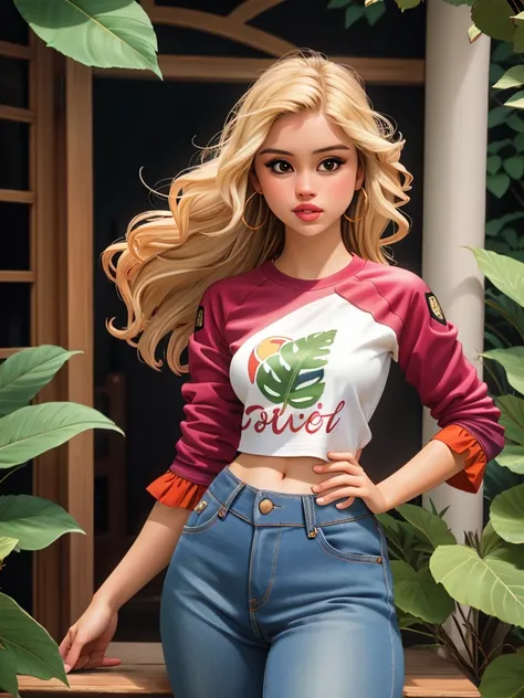 Realistic photo of a beautiful 3r1nm0 woman, 1girl, solo, long hair, looking at viewer, blonde hair, shirt, pants, lips, leaf, denim, t-shirt, clothes writing, jeans, realistic, raglan sleeves, soft lighting, professional Photography, Photorealistic, detai...