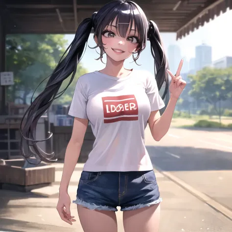 (masterpiece, best quality, absurdres:1.2), kuwniina, shirt, shorts, twintails, black hair, brown eyes,
1girl, standing, smile, cowboy shot, looking at viewer, parted lips
<lora:add_detail:0.5> <lora:KUWNiinaLORA_v1-08:0.8>