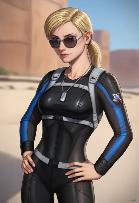 score_9, score_7_up, BREAK, <lora:ultamisia-guy-PONYv1:1>, 1girl, solo, cassie cage (mortal kombat), black bodysuit, sunglasses, tactical clothes, chest harness, dog tags, long sleeves, breasts, hands on own hips,