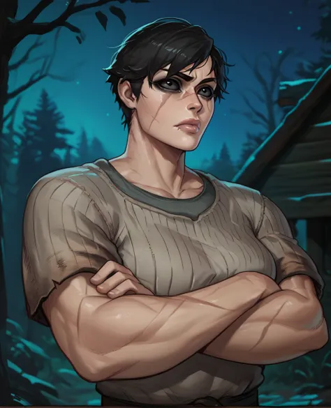 score_9,score_8_up,score_7_up,score_6_up,score_5_up,TheHuntressXL,black sclera,black eyes,short hair,black hair,lip scar,lips,shirt,crossed arms,
muscular,woods,night,cabin,
<lora:TheHuntressXL:0.8>,