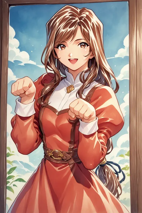 1girl,solo,Erica Fontaine,cowboy shot,smile,open mouth,looking at viewer,upper body,paw pose,brown hair,brown eyes,long hair,bangs,low tied hair,sidelocks,red dress,puffy sleeves,long sleeves,brown boots,long dress,traditional media,low-tied long hair,dres...