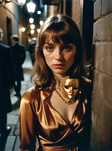 a sad woman,Shoulder Length Hair with Bangs,Caramel,A shadowy figure lurks in the alley outside a high-society gala, their face concealed beneath a mask of silk as they plot to steal the priceless jewels on display inside.,top-down view,,Kodak Ektar 100,Re...