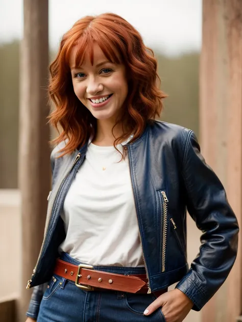 Realistic photo of a beautiful l1ndyb woman, 1girl, solo, long hair, looking at viewer, smile, blue eyes, red hair, shirt, jacket, teeth, belt, pants, grin, crossed arms, denim, curly hair, jeans, realistic, leather, leather jacket, soft lighting, professi...