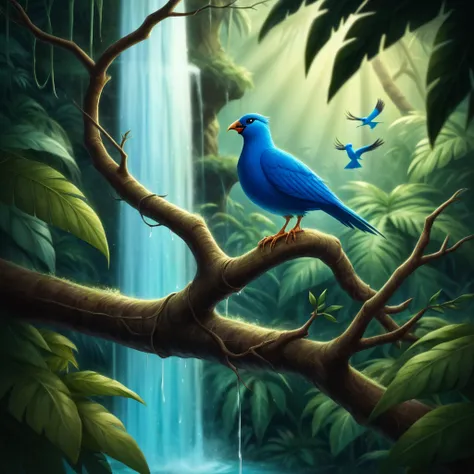 Majestic Waterfall in a Tropical Paradise: A towering waterfall cascading down into a crystal-clear blue lagoon, surrounded by lush tropical greenery. In the foreground, (a rare, vibrant-colored bird perches delicately on a branch:1.45), its feathers a kal...