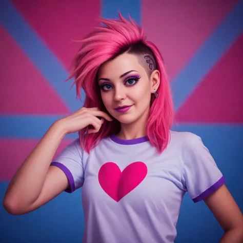 a beautiful nerdy punk woman, t-shirt logo with (heart design:1.35), pink hair, score_9_irl, rainbow background, soft light