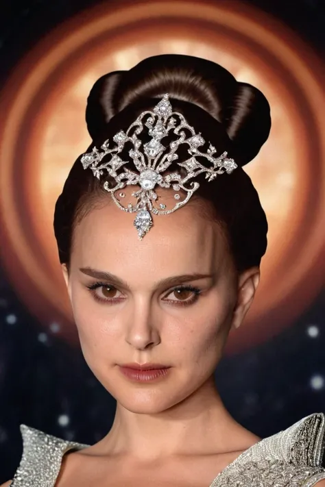 head and shoulders portrait of queen padme amidala (natalie portman) with stars space motifs, by Giger, Tim Burton, Artgerm, hyperdetailed <lora:nataliePortman:1> . 35mm photograph, film, bokeh, professional, shot by peter lindbergh, 4k, highly detailed