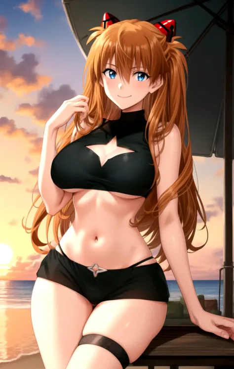 masterpiece, best quality, best aesthetic, anime, ultra detailed,
souryuu asuka langley, 1girl, solo, yamibikini2, (black bra, sport bra:1.2), (cleavage cutout:1.2), (black shorts, boyshorts:1.2), (lowleg), (thigh strap:1.2), (large breasts, wide hips:1.2)...