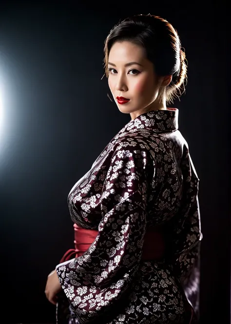 Film noir style, A captivating masterpiece of an woman, full body, dressed in Yukata, The use of high-shine gloss adds a touch of glamour while the deep red and black hues give it a dramatic vibe, studio lighting, look to the camera, background blurred,  <...