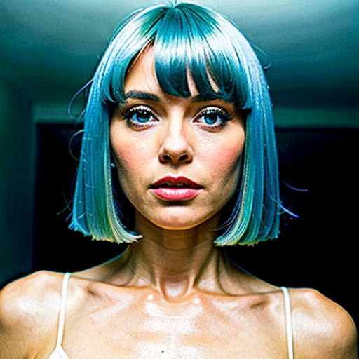 1girl, a woman with hair cut light blue  and bang front dark blue ,realstic , eyes green beautifull , white woman ,cute woman she look at view , influencer , instagram