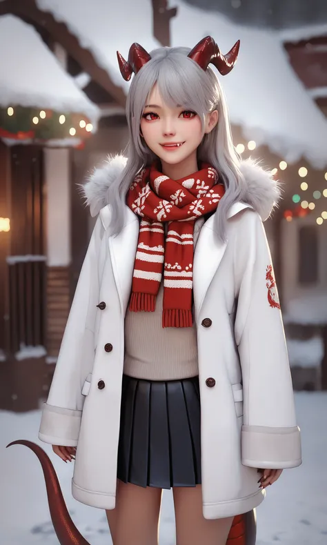 core_9,score_8_up,score_7_up,score_6_up,score_5_up,score_4_up,winter,outdoors,smile,
grey hair,fang,red eyes,hair intakes,dragon horns,tail,white coat,long hair,
scarf,pleated skirt,